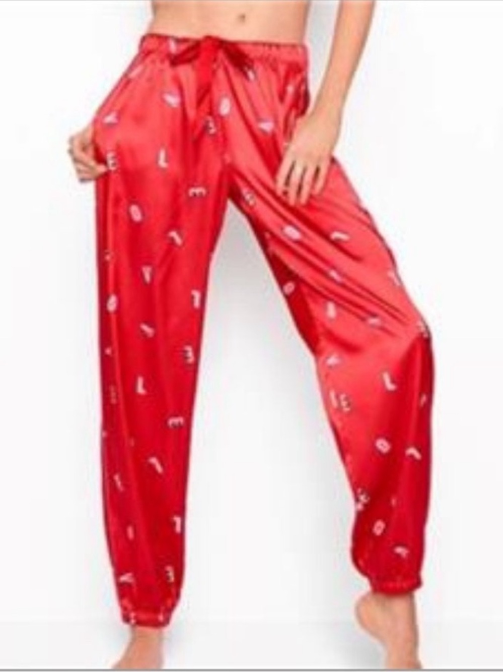Satin Jogger Sleep Pants - Red Love Letters - Picture 1 of 4